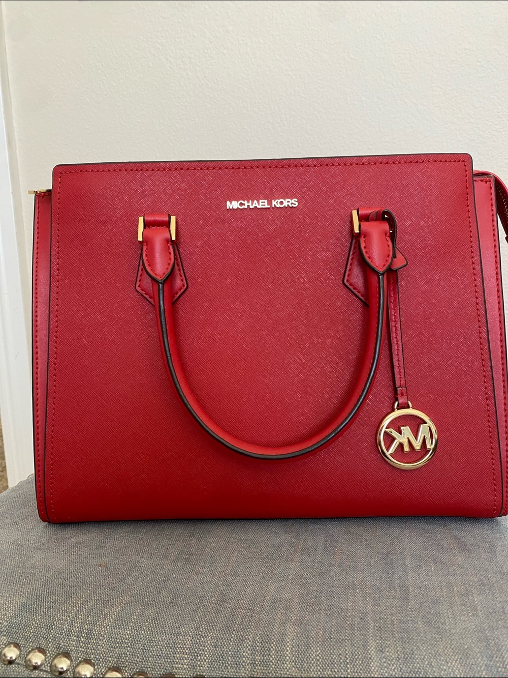Michael Kors Red Saffiano Satchel with Gold Hardware